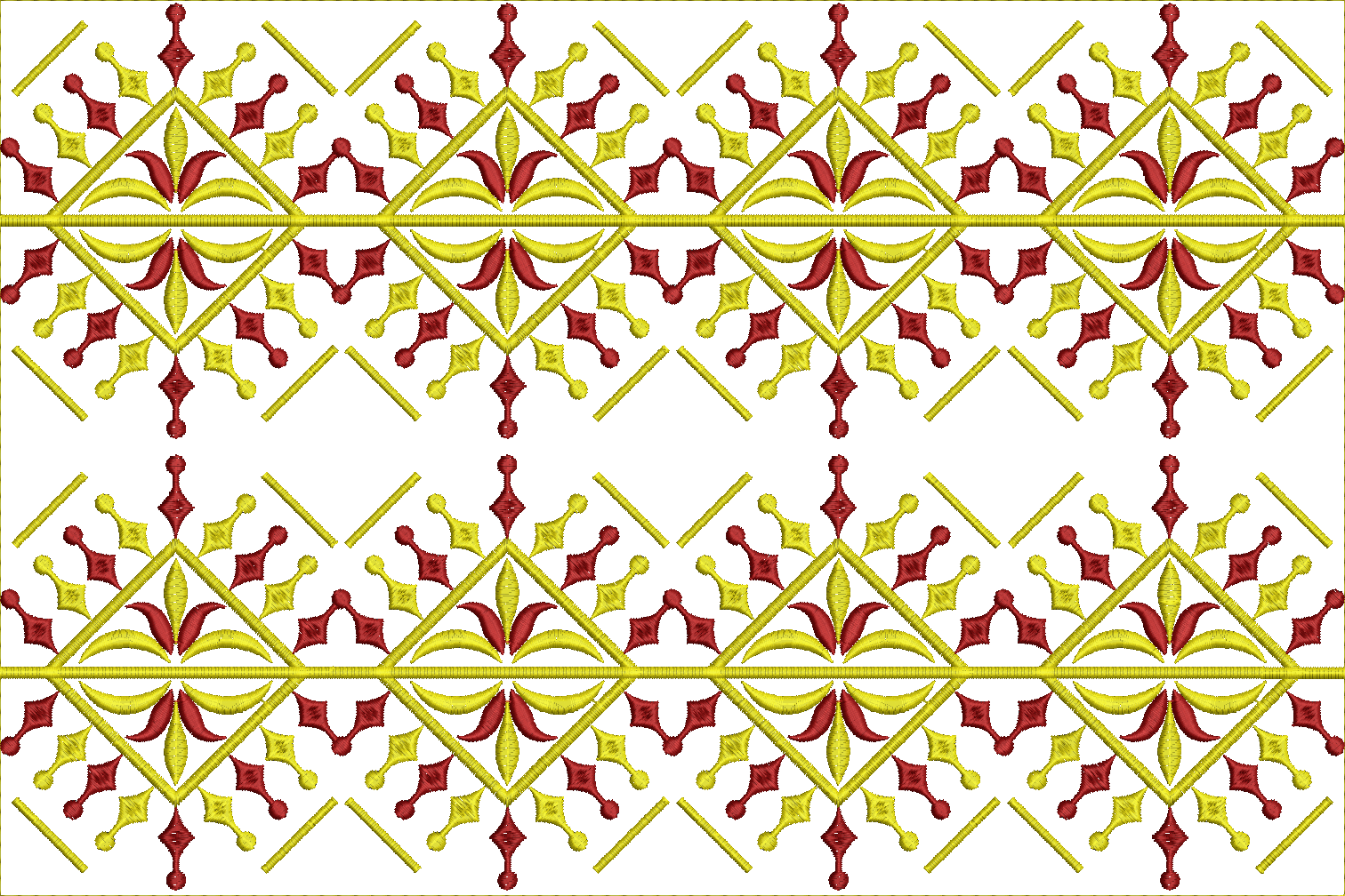 Embroidery design: A repeating ornamental embroidery design in red and yellow, featuring geometric patterns with stylized floral or leaf el
