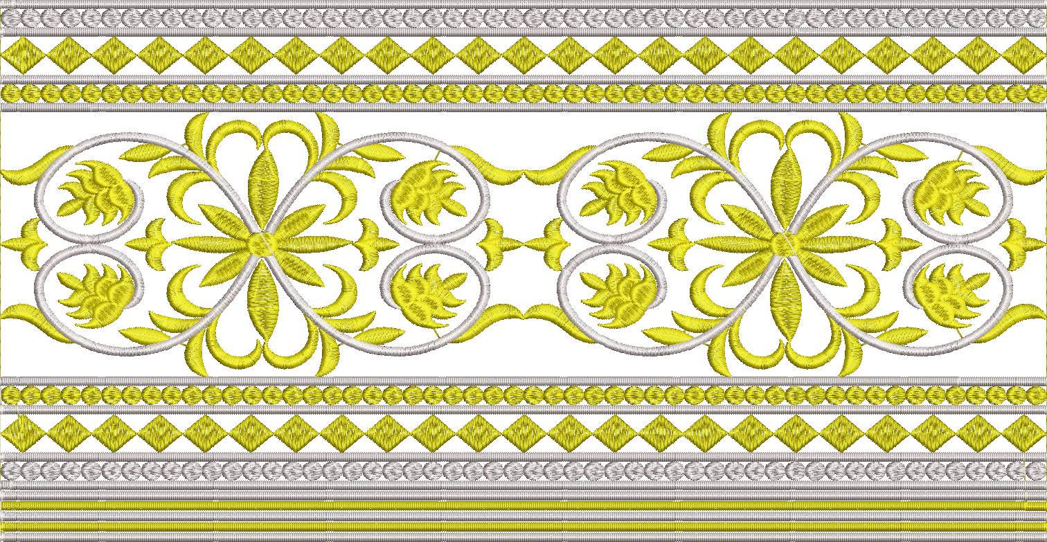 Embroidery design: A decorative floral border embroidery design with yellow and silver threads, featuring symmetrical repeating patterns of