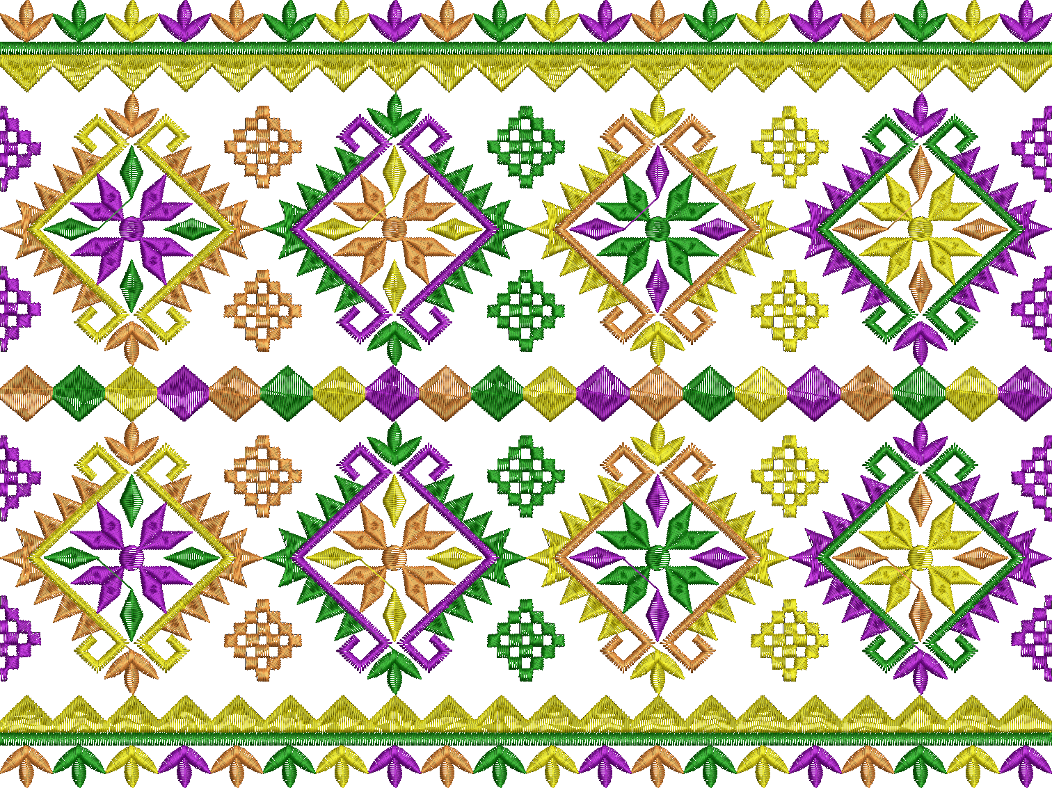 Embroidery design: A repeating horizontal embroidery border pattern with geometric and stylized floral motifs in purple, green, and golden-