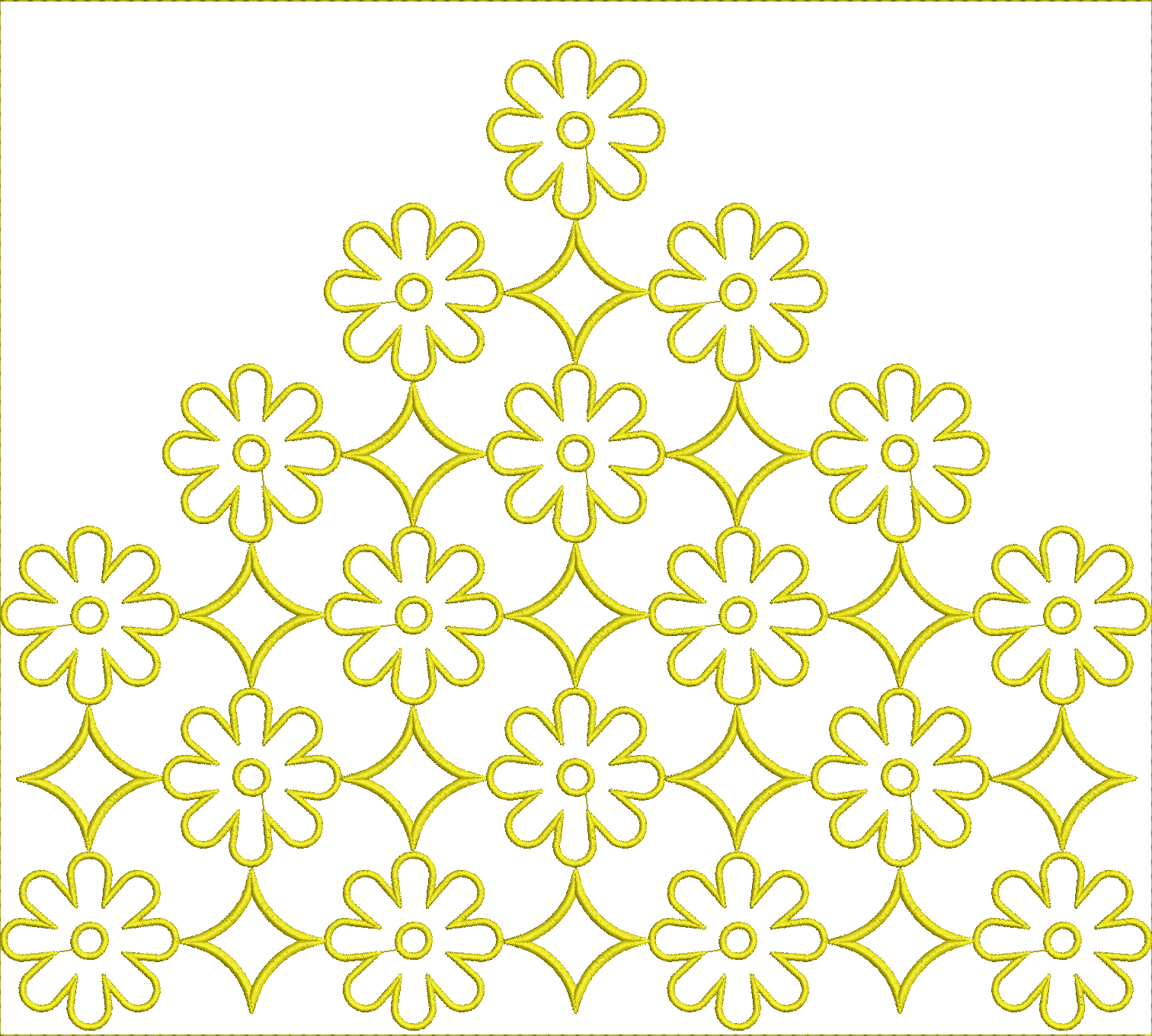 Embroidery design: A symmetrical, ornamental embroidery design featuring a repeating pattern of yellow stylized flowers and diamond shapes,
