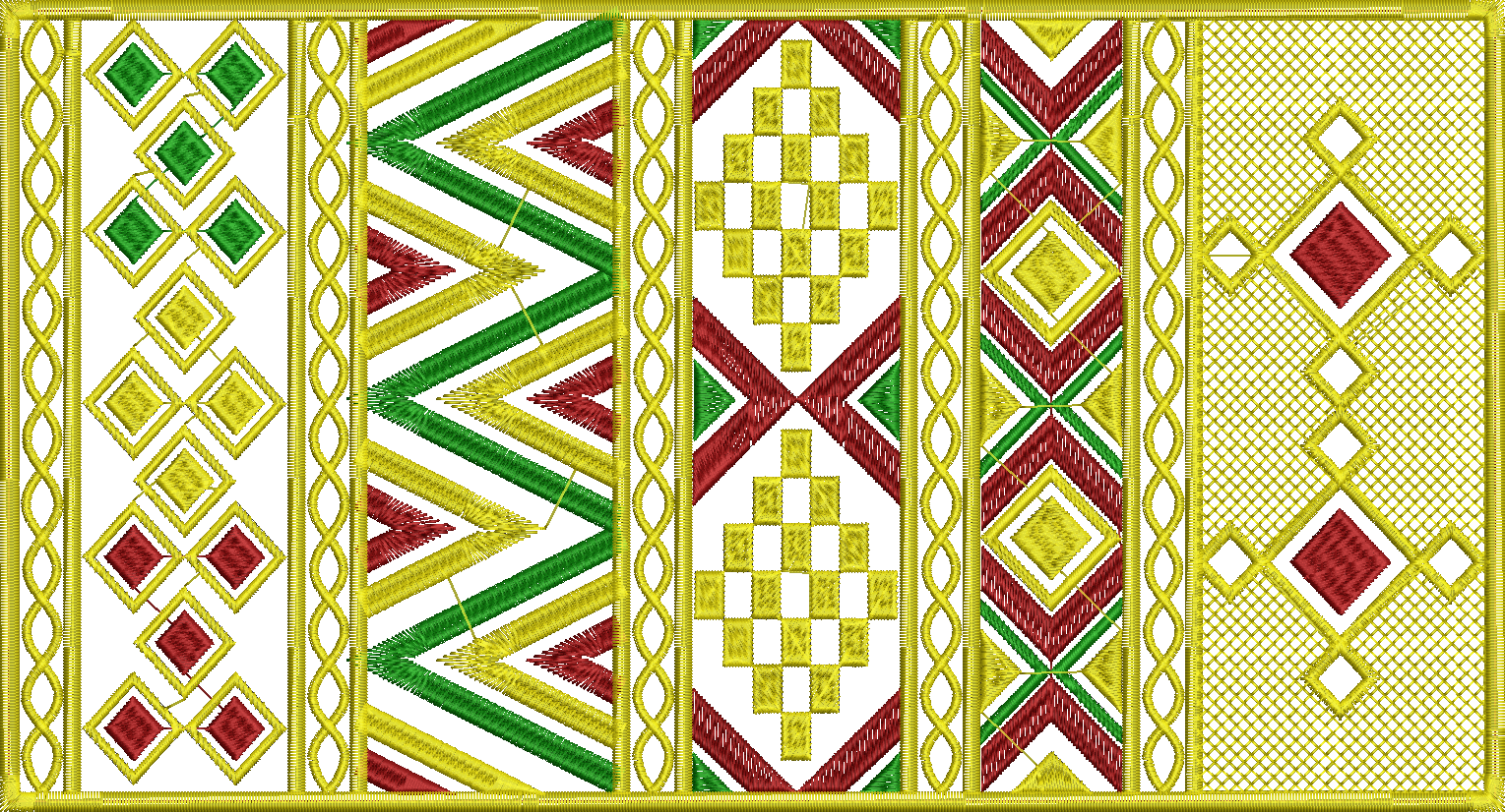 A decorative embroidery design featuring multiple vertical panels with geometric patterns including diamonds, chevrons, and lattice work, in gold, red, and green colors, suitable for use as a border or panel.