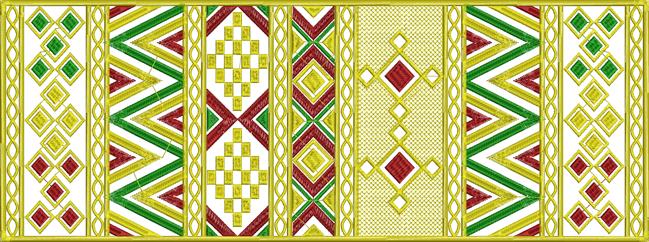 A decorative border embroidery design with repeating geometric patterns in red, green, and yellow, featuring diamond and chevron motifs.