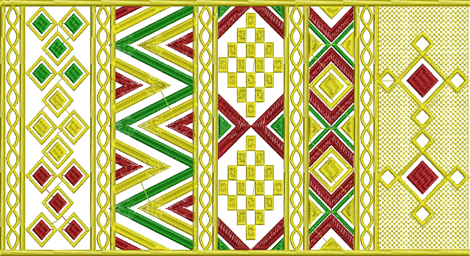 Embroidery design: A collection of vertical embroidery panels featuring red, green, and yellow geometric patterns including diamonds, chevr