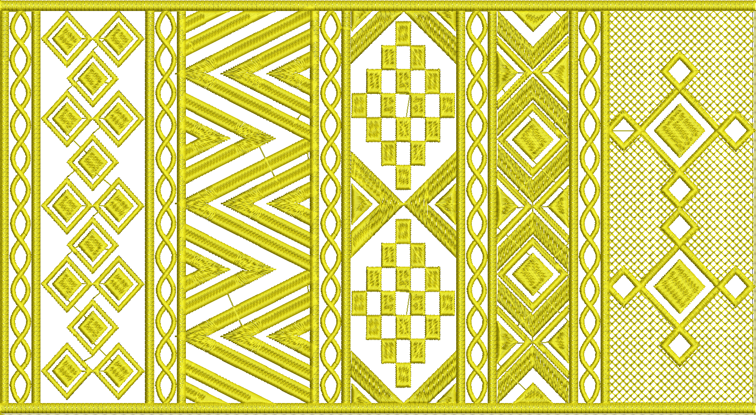 Embroidery design: A repeating golden embroidery border design featuring geometric patterns such as diamonds, chevrons, waves, and lattice 