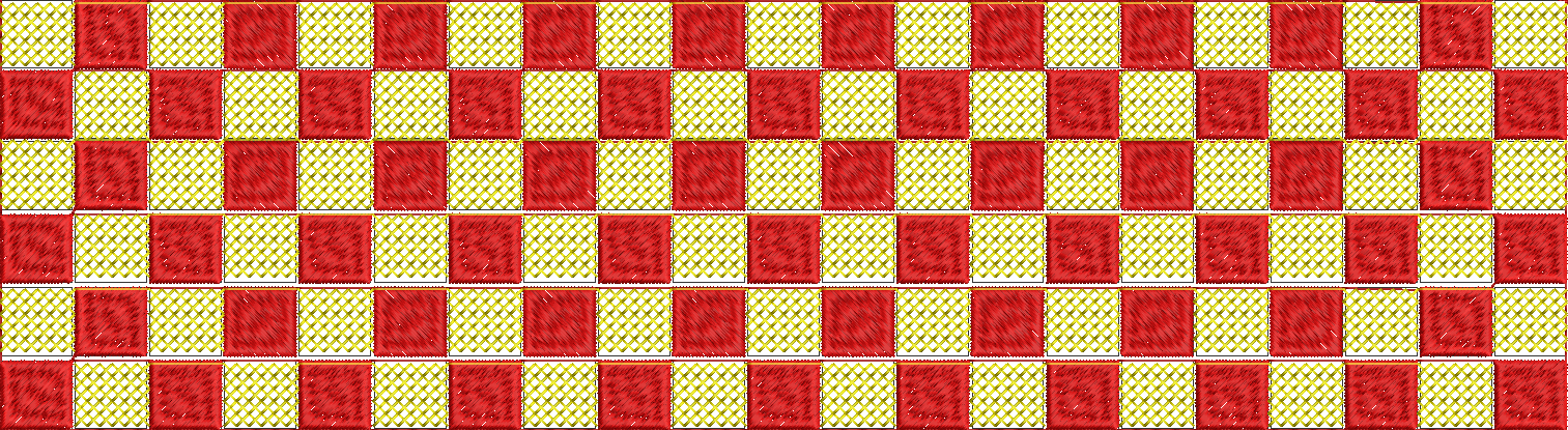 Embroidery design: A checkered pattern embroidery design with red and yellow squares, featuring a lattice-like texture within each square.