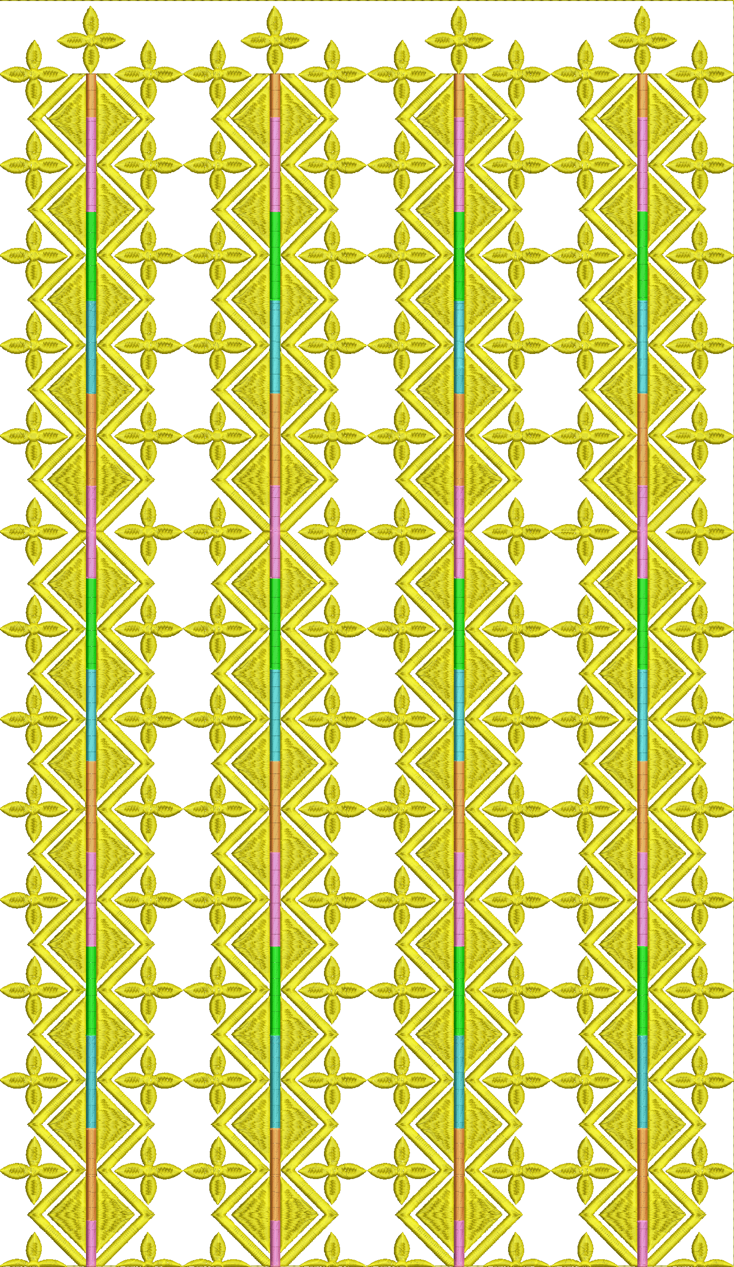 Embroidery design: A repeating, symmetrical embroidery design featuring geometric diamond shapes and vertical stripes in yellow, pink, gree