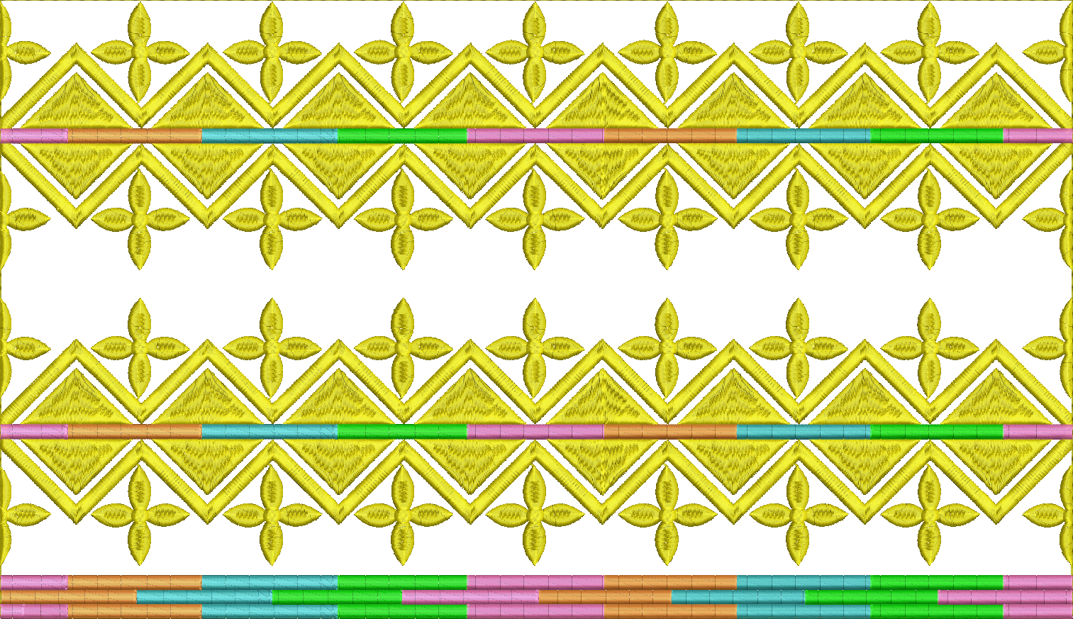 Embroidery design: A repeating ornamental border embroidery design featuring yellow geometric elements, including diamonds and chevrons, wi