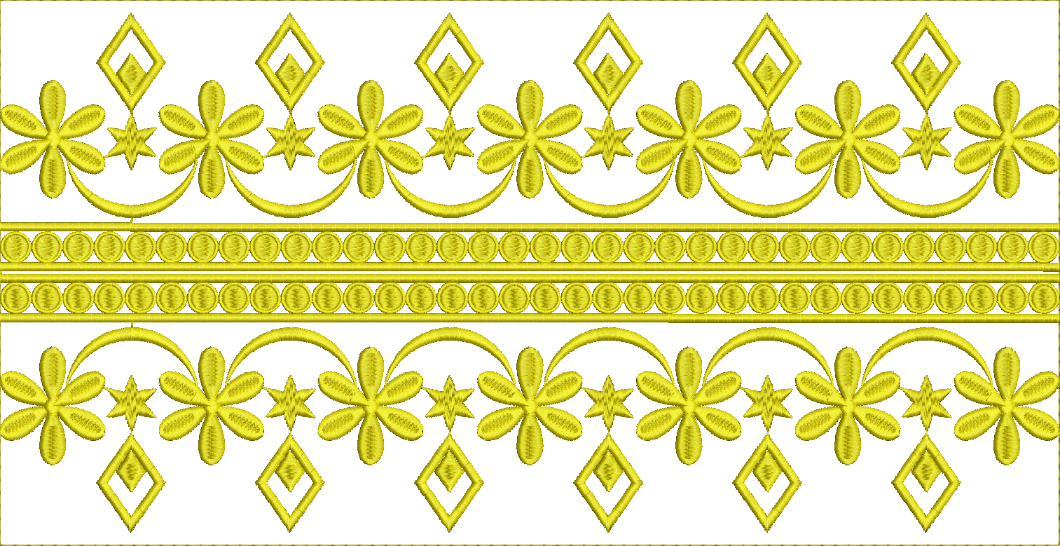 Embroidery design: A yellow embroidery border design featuring repeating floral and geometric motifs with a symmetrical and ornamental styl