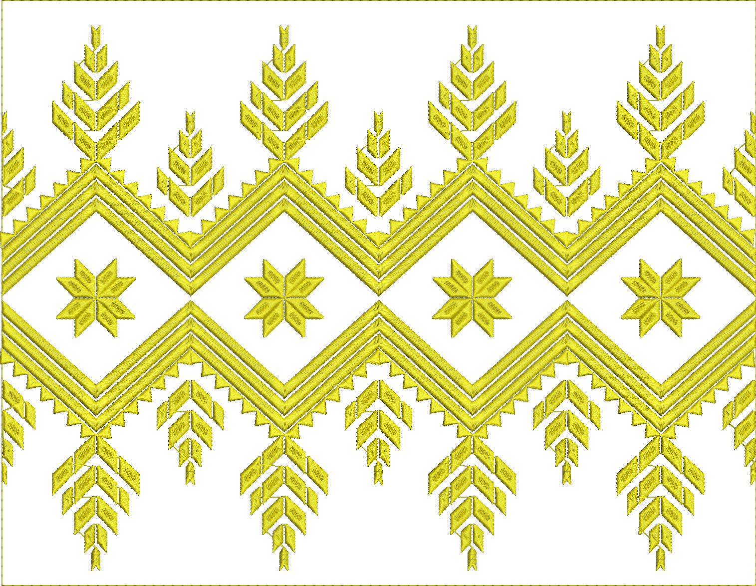 Embroidery design: A decorative yellow embroidery border with a repeating geometric pattern featuring diamonds and chevrons, in a tradition