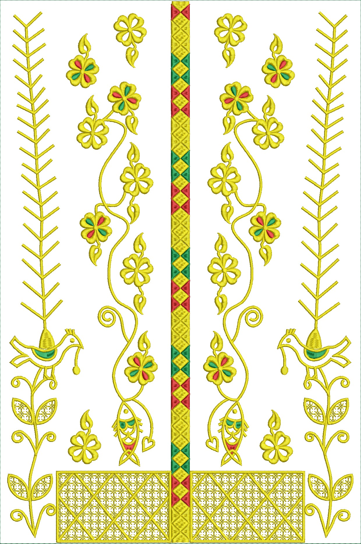Embroidery design: A symmetrical embroidery design featuring a central vertical band with a diamond pattern, flanked by swirling vines with