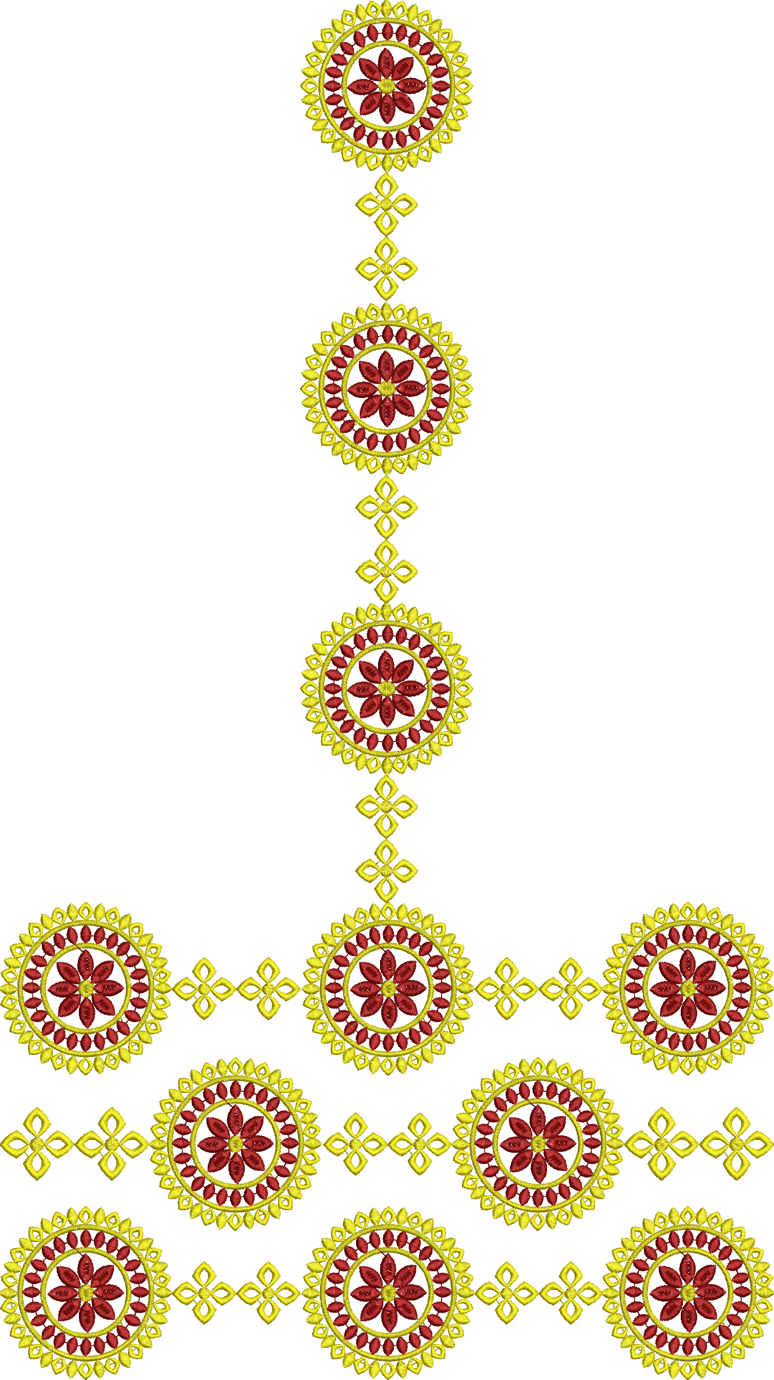 Embroidery design: A decorative embroidery design with repeating red and yellow circular floral motifs connected by geometric shapes, formi