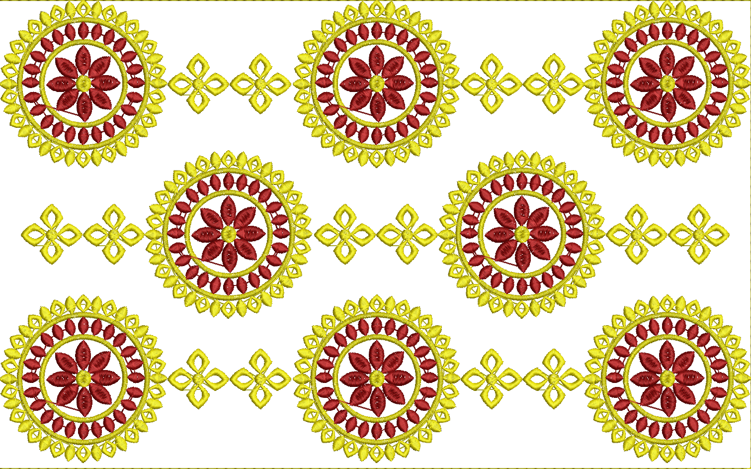 Embroidery design: A repeating embroidery pattern featuring red and yellow circular floral medallions connected by geometric diamond shapes