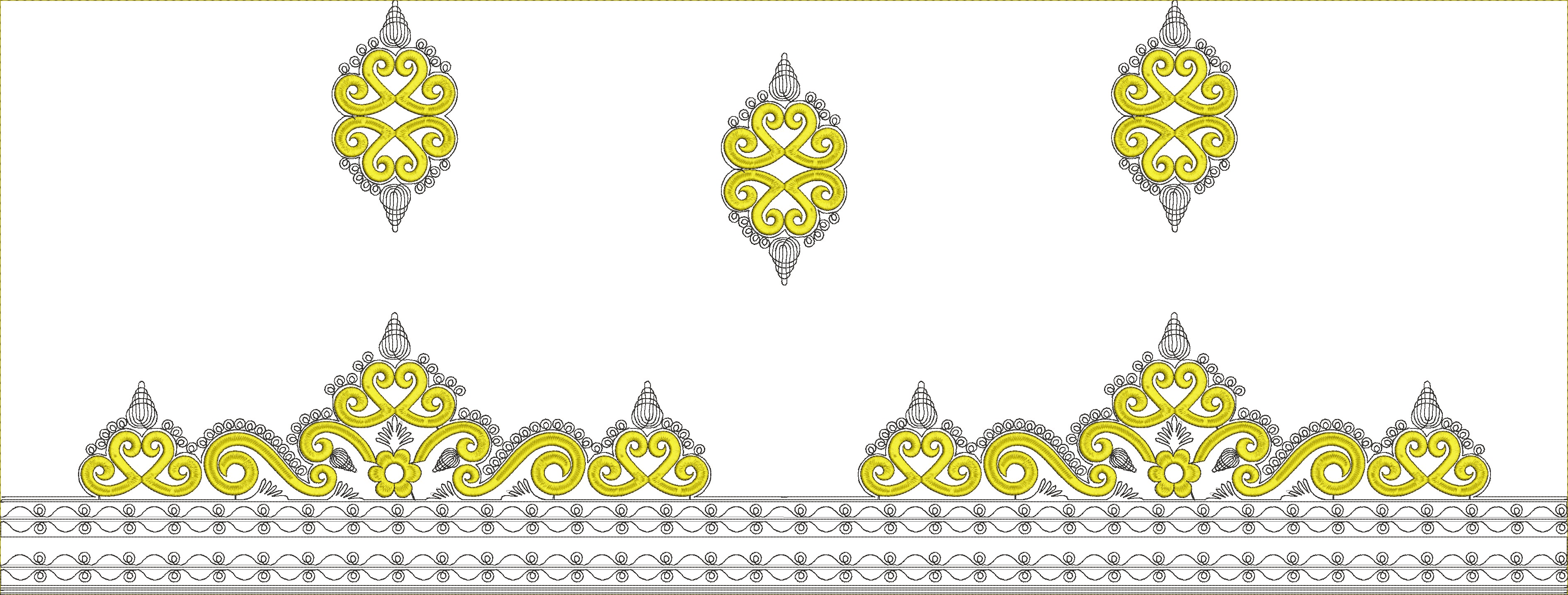 Embroidery design: A decorative embroidery border with symmetrical yellow and black ornamental geometric patterns. The design features scro