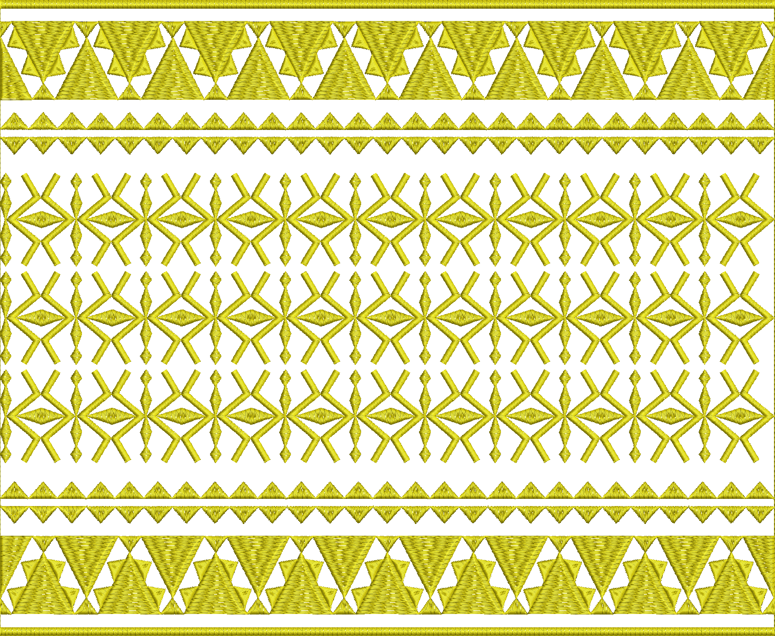 Embroidery design: A decorative yellow embroidery border with repeating geometric patterns, including diamonds and triangles, in a traditio