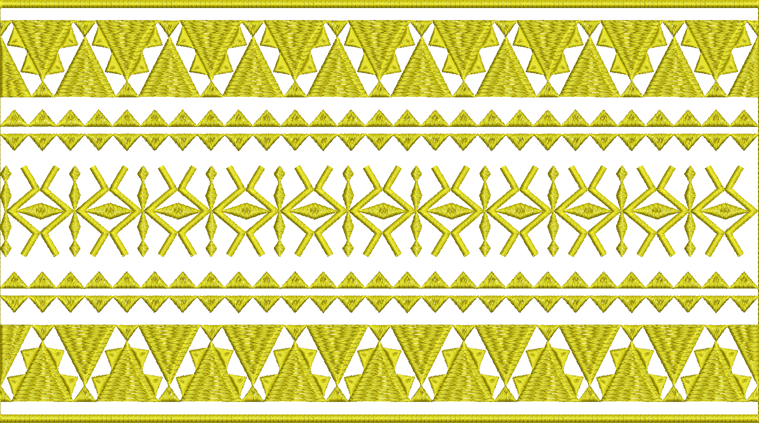 Embroidery design: A yellow embroidered decorative border with repeating geometric patterns, including triangles and diamond/cross motifs, 