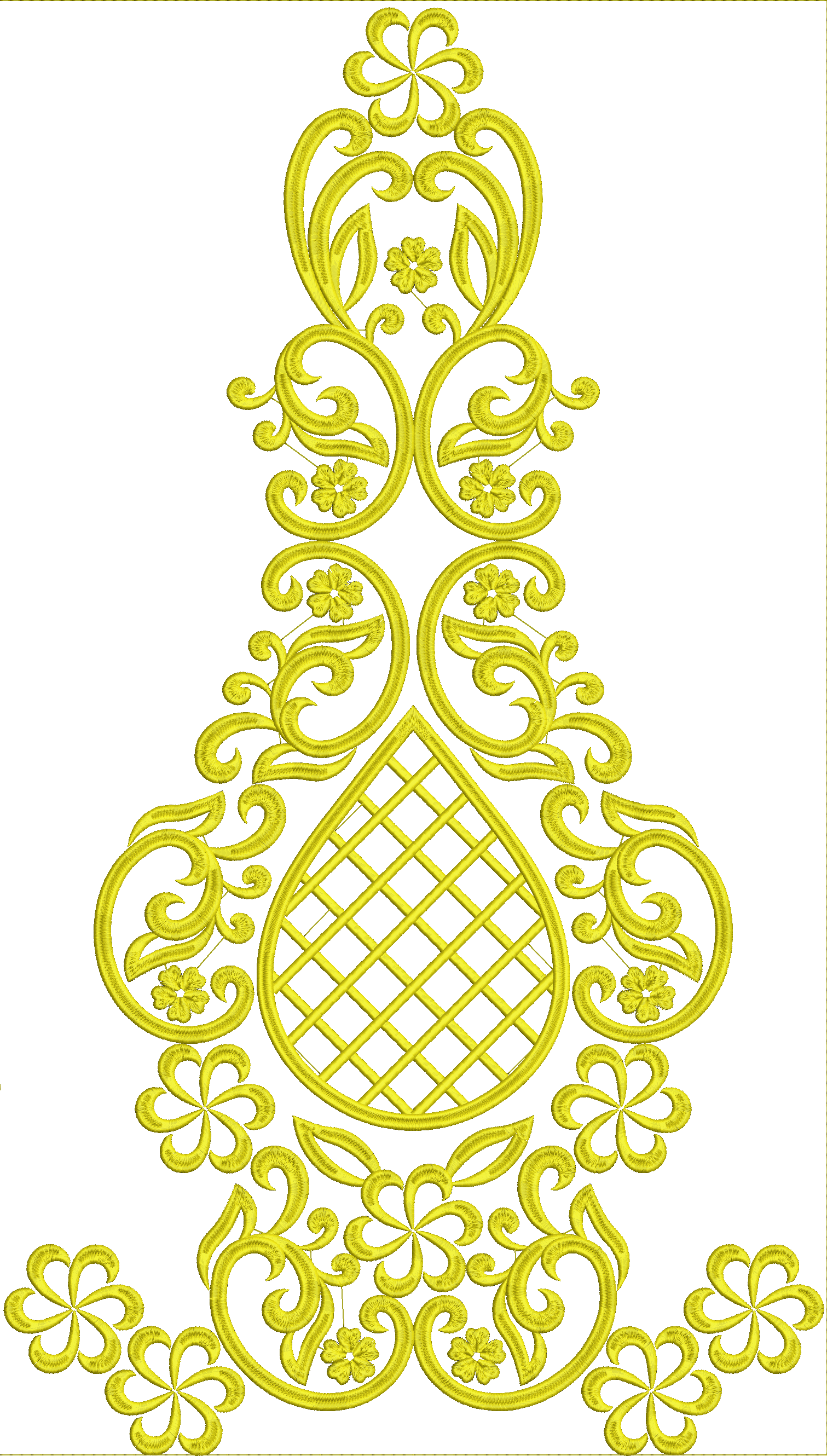 Embroidery design: A decorative ornamental embroidery design featuring yellow scrollwork, vines, leaves, and flowers with a central lattice