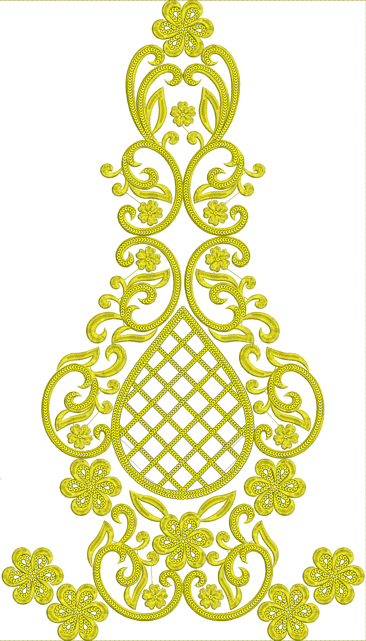 Embroidery design: A decorative yellow embroidery design featuring intricate floral and scrollwork patterns with a central lattice motif, a