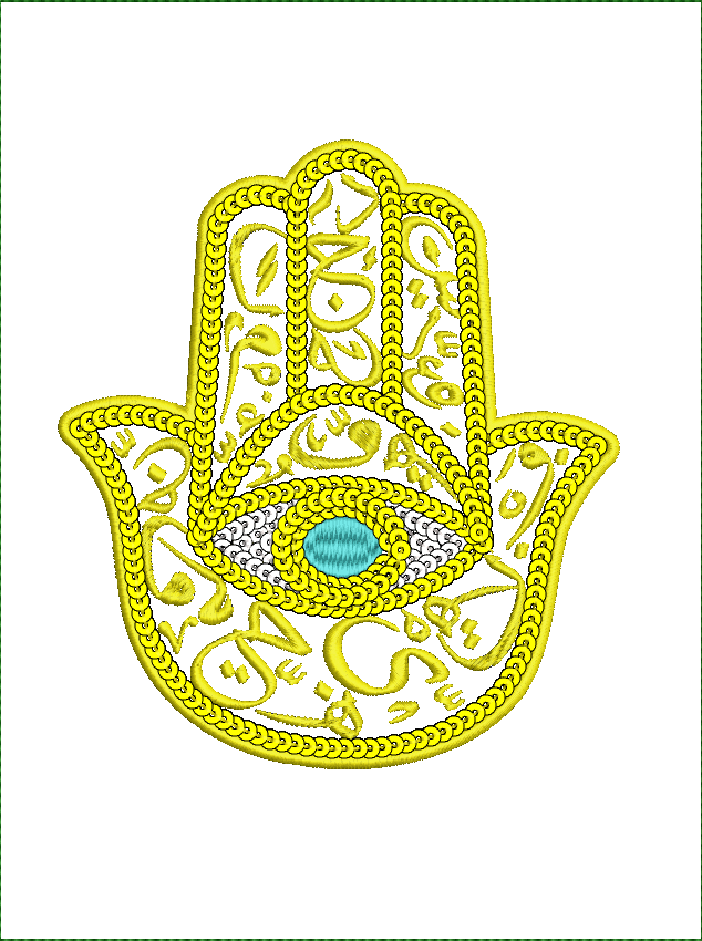 Embroidery design: An embroidered Hamsa hand symbol with Arabic script, decorative yellow chain border, and an ornate eye motif in the palm