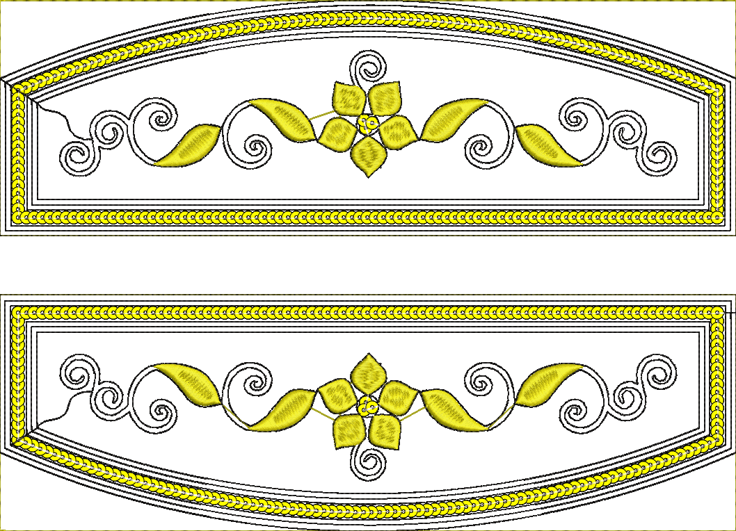 Embroidery design: Two symmetrical ornamental borders, each with a central yellow floral motif and decorative yellow and black chain-like p