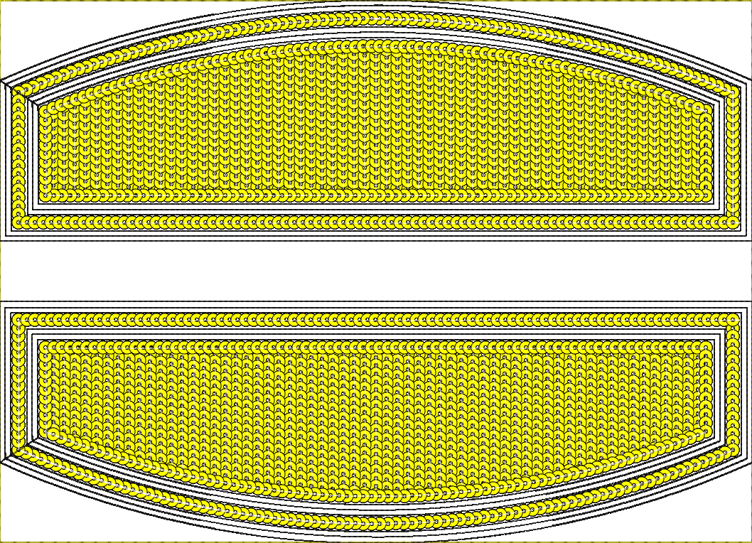 Embroidery design: Two framed embroidery designs filled with repeating yellow circular motifs and outlined in black. The top design is a cu