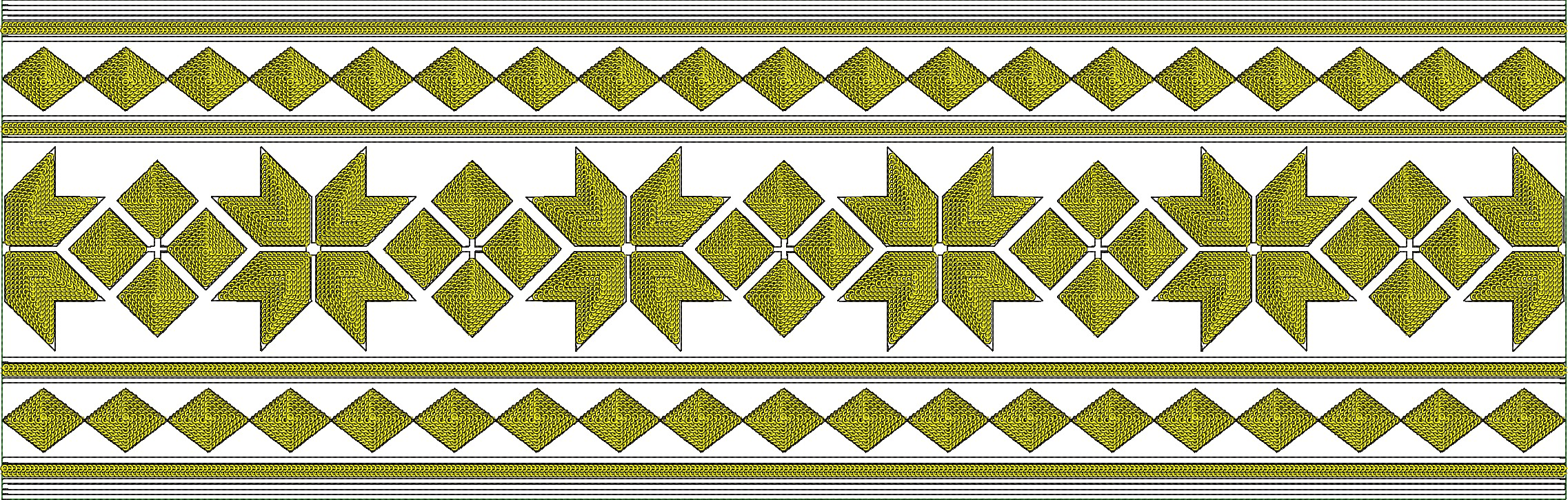 A yellow and white ornamental embroidery border with repeating geometric diamond patterns.