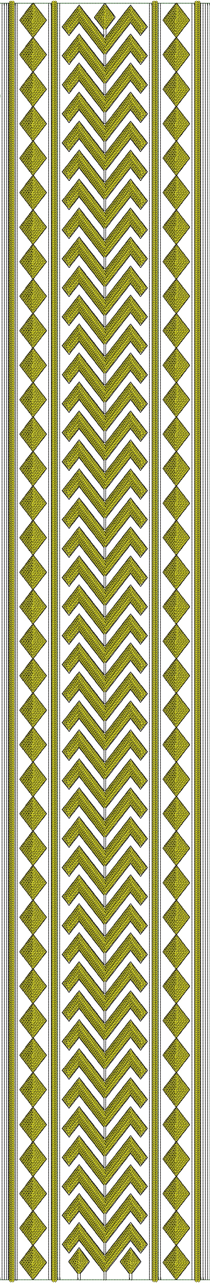 Embroidery design: A vertical embroidery border design with repeating yellow chevron and diamond motifs framed by green stripes. The design