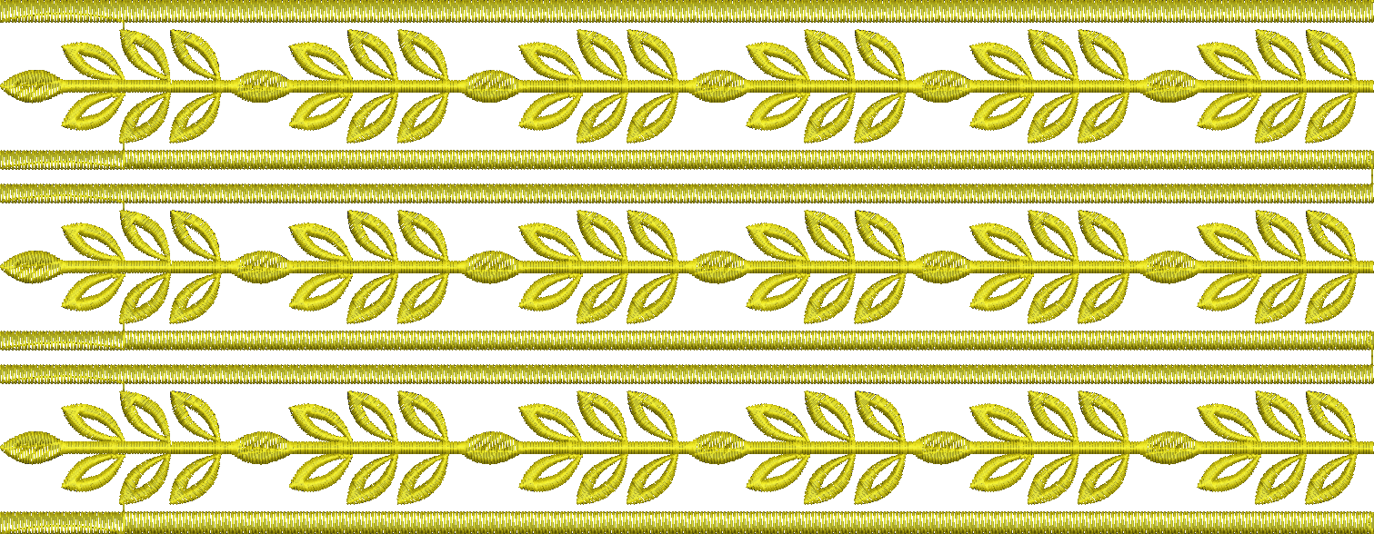 Embroidery design: A decorative gold embroidery border with a repeating vine and leaf pattern, bordered by solid gold stitching lines. The 