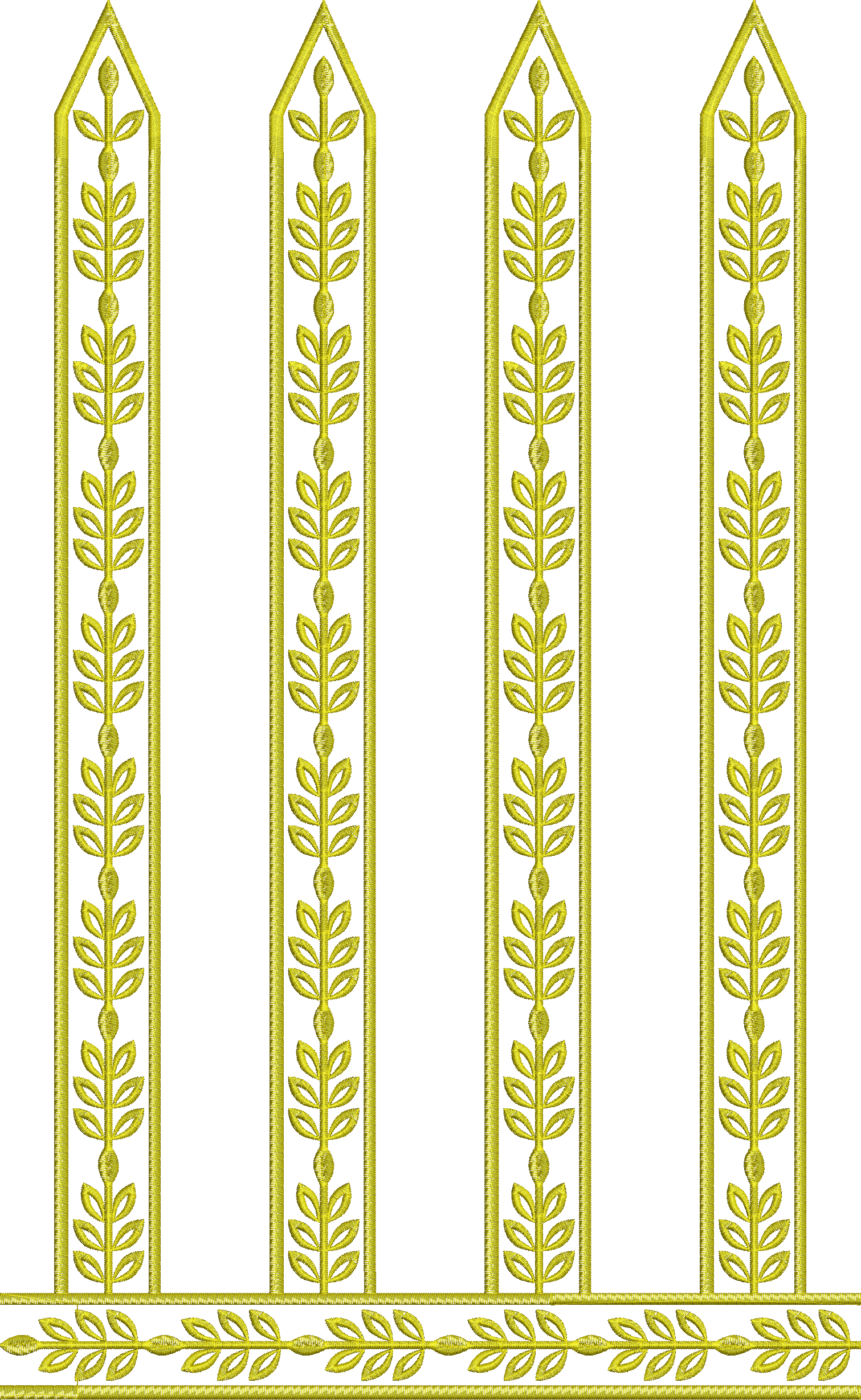Embroidery design: A decorative embroidery design featuring repeating vertical panels and a horizontal border, all in a golden-yellow hue, 