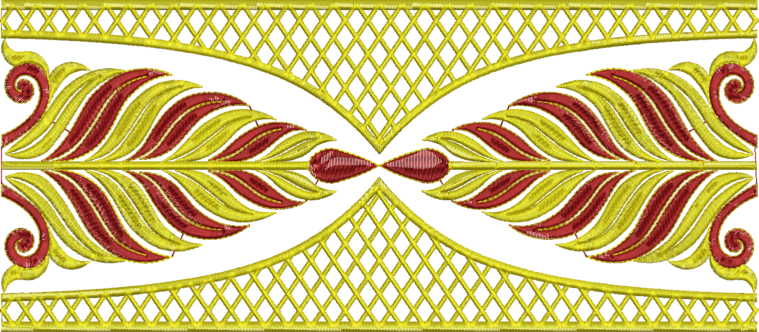 Embroidery design: A symmetrical ornamental embroidery design in gold and deep red, featuring scrollwork and leaf motifs forming a central 