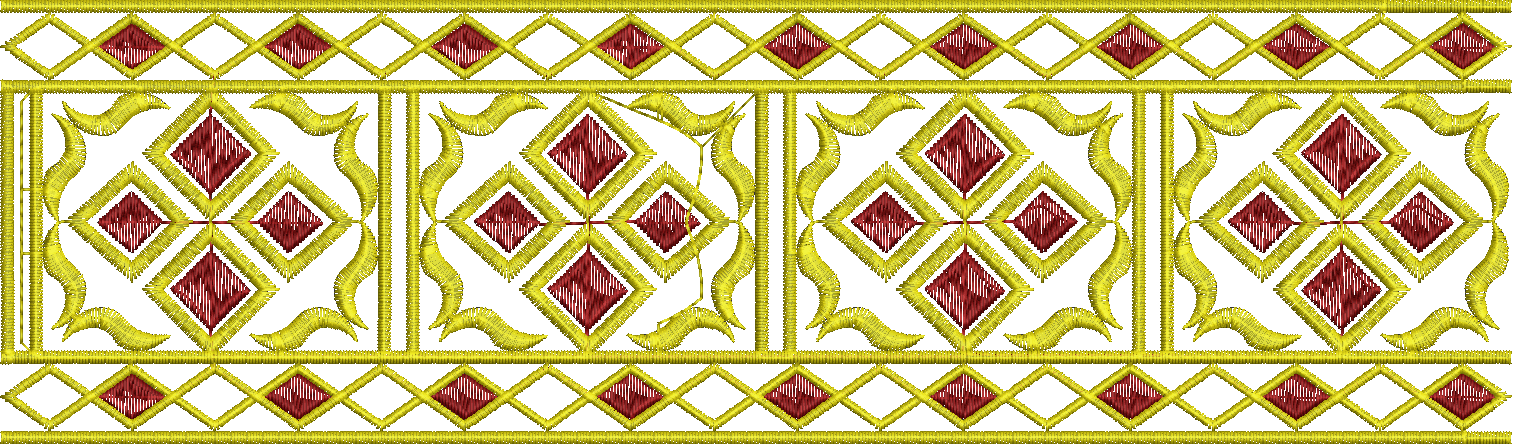 Embroidery design: A decorative border embroidery design with repeating geometric patterns of gold diamonds on a dark red background, featu