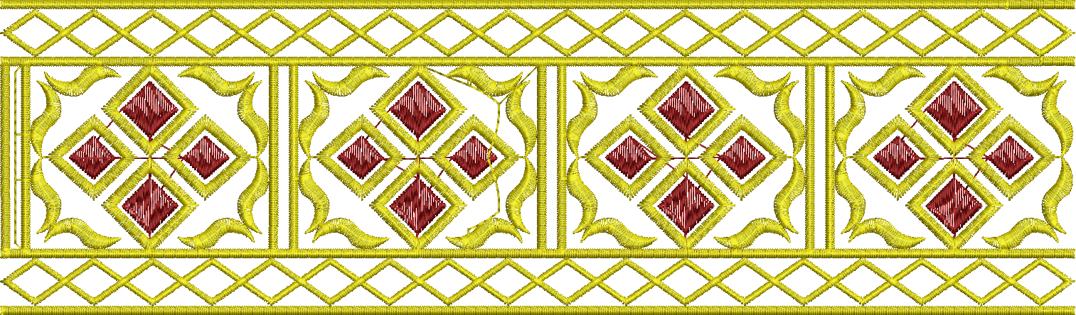 Embroidery design: A repeating symmetrical embroidery border design featuring gold geometric lattice work and diamond motifs with red cente