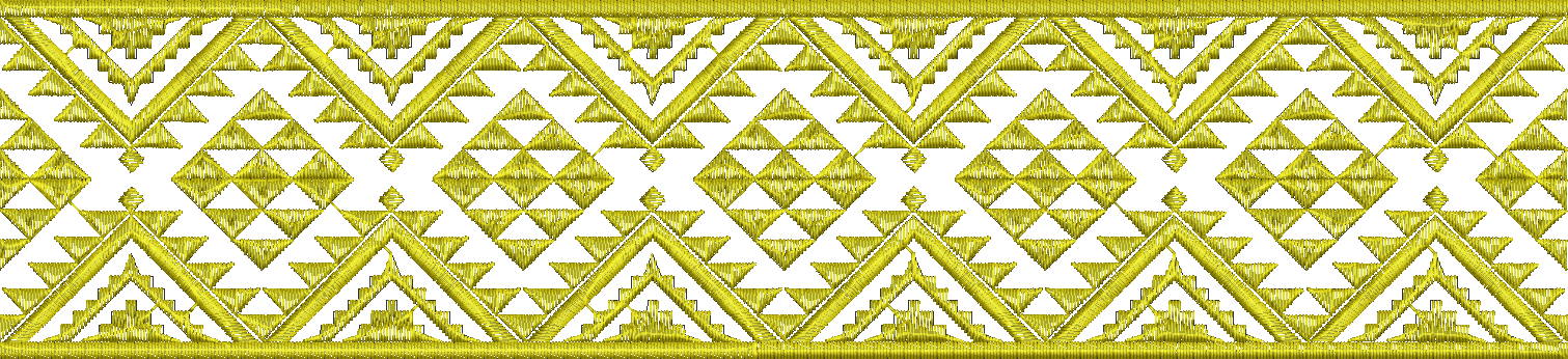 Embroidery design: A gold embroidery design featuring a repeating geometric border pattern composed of triangles and diamond shapes.