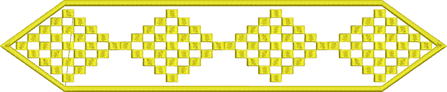 Embroidery design: A yellow embroidery design featuring a symmetrical, repeating diamond pattern within an elongated hexagonal frame and bo