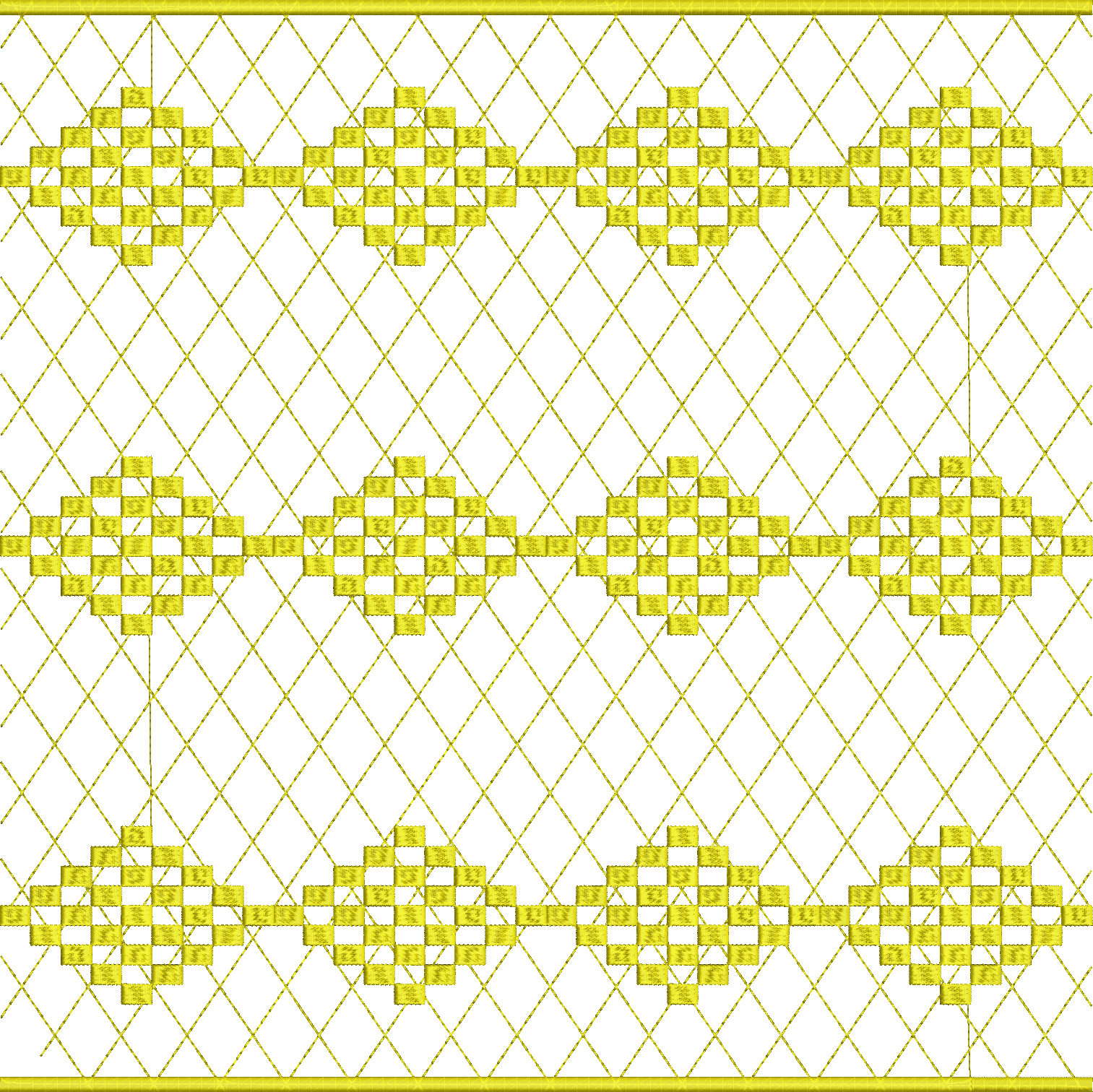 Embroidery design: A repeating geometric embroidery pattern in gold, featuring diamond motifs connected by a lattice, with solid borders at