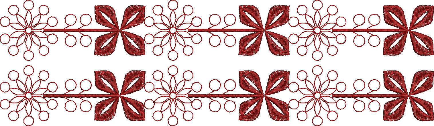 Embroidery design: A repeating horizontal border embroidery design in deep red, featuring symmetrical floral and geometric motifs with dens