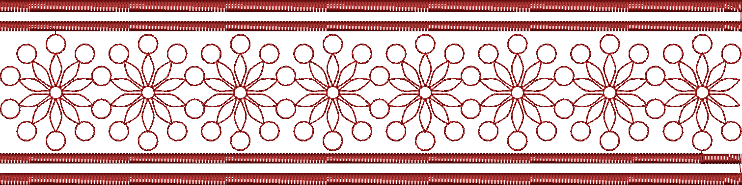 Embroidery design: A repeating maroon border embroidery design featuring a continuous line of floral and circular motifs in a geometric and