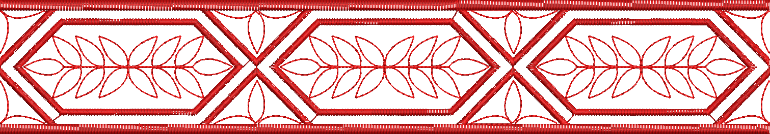 Embroidery design: A red and white embroidery design featuring a repeating geometric border with stylized leaves or foliage within hexagona