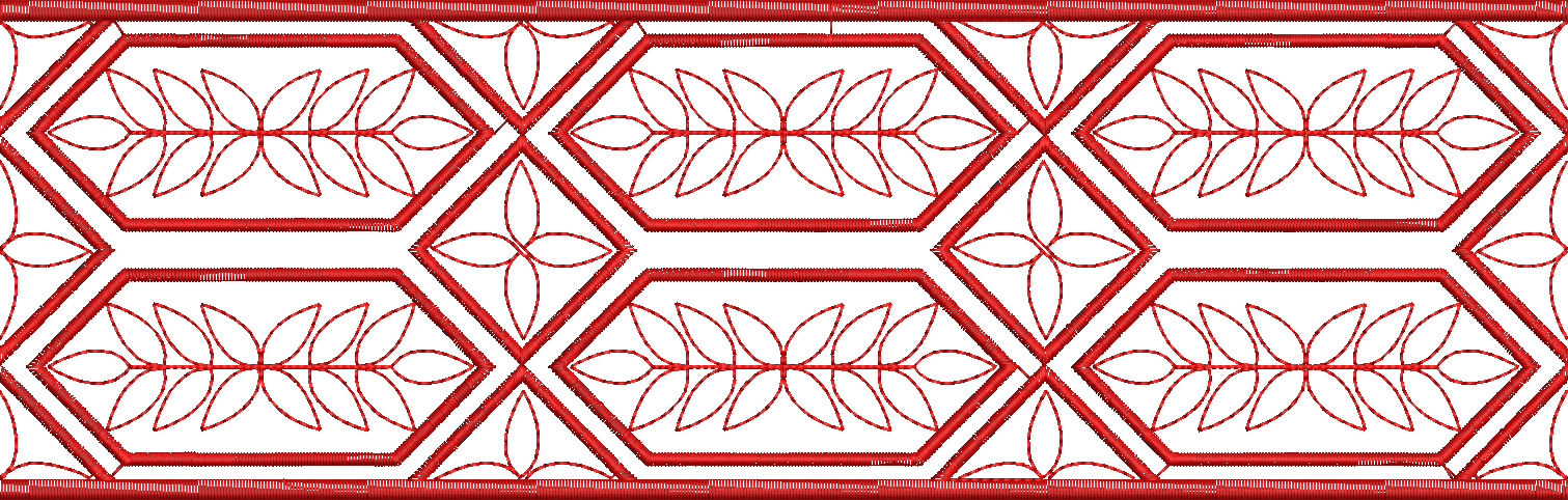 Embroidery design: A red embroidery design featuring a repeating geometric border with stylized floral or vine motifs. The pattern is symme