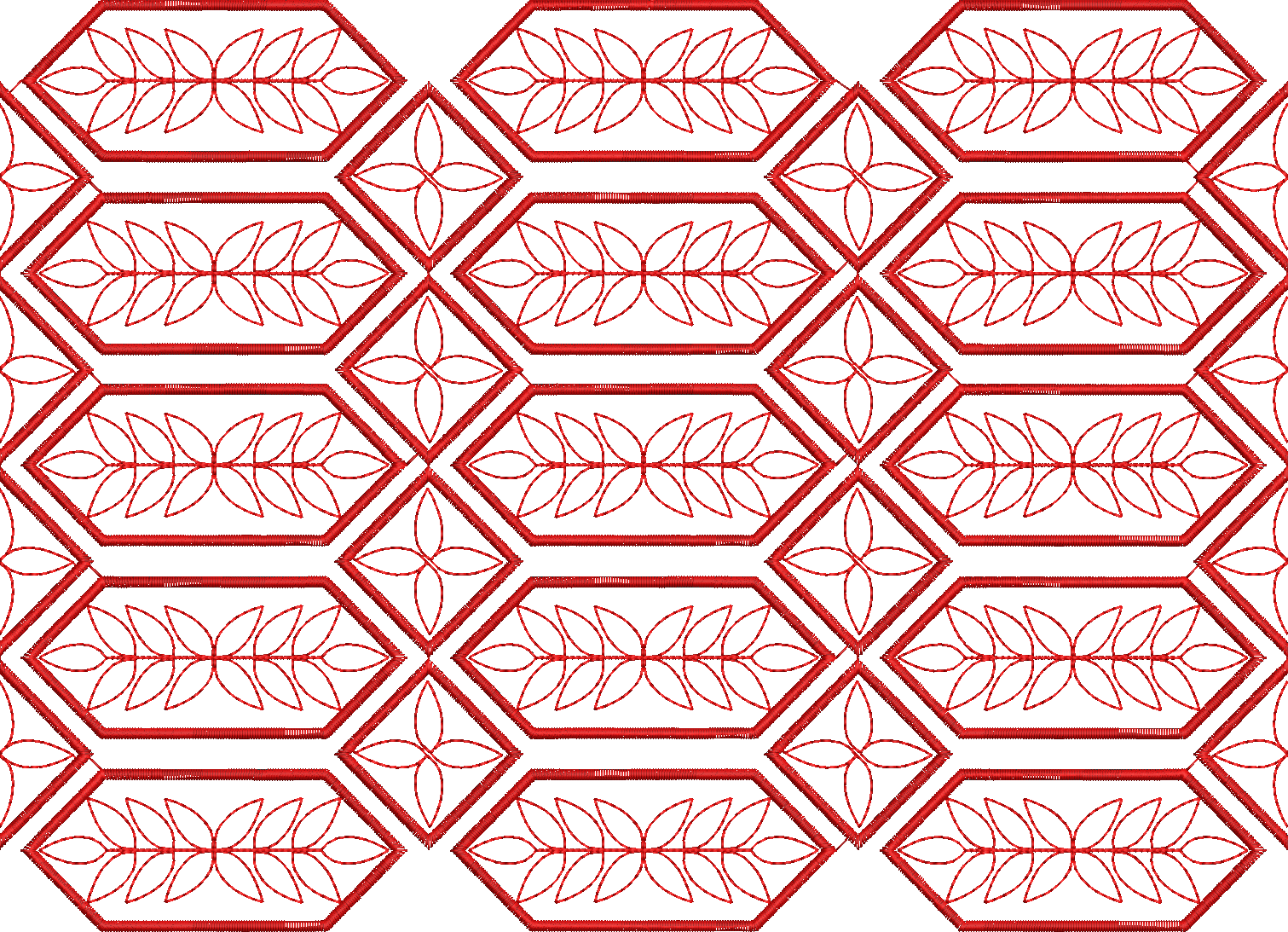 Embroidery design: A repeating geometric embroidery pattern with red foliage motifs within hexagonal frames, featuring a decorative and orn