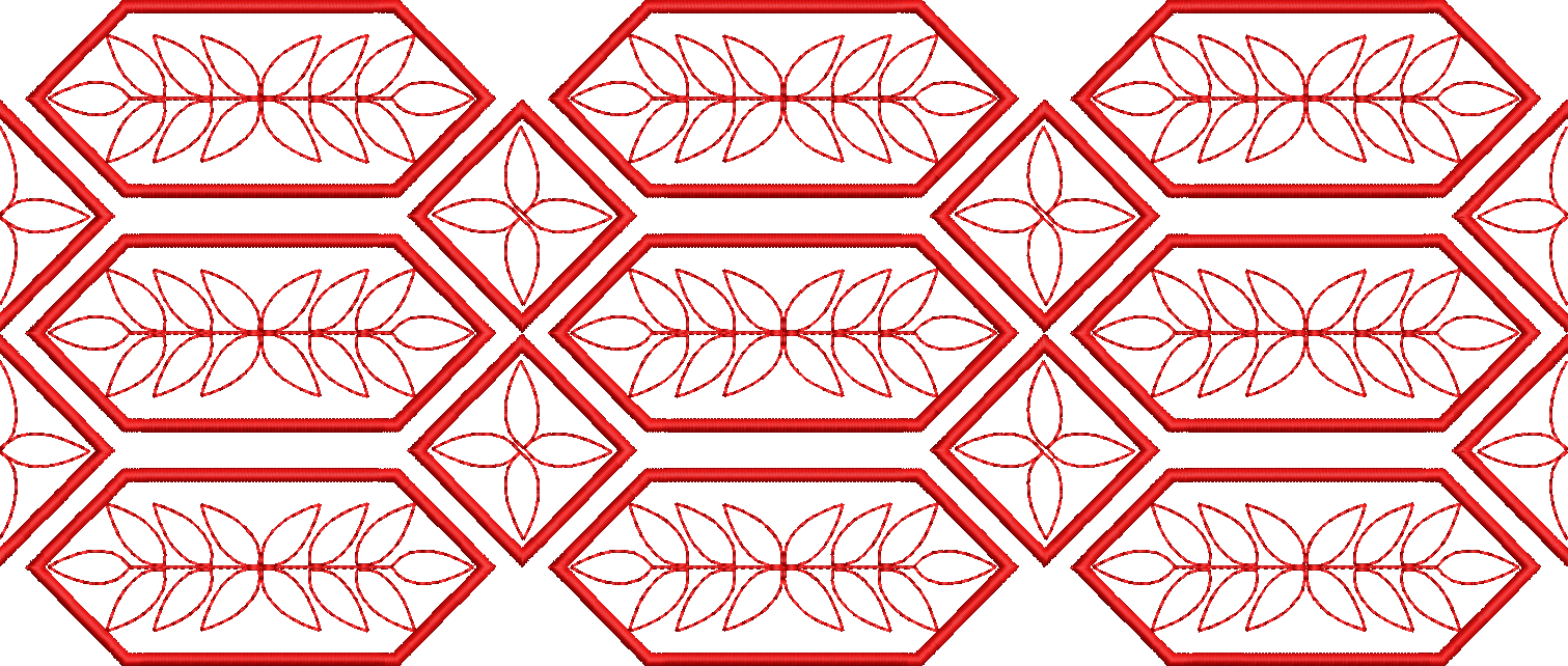 Embroidery design: A repeating border embroidery design in red, featuring hexagonal and diamond shapes with stylized leaves and floral moti