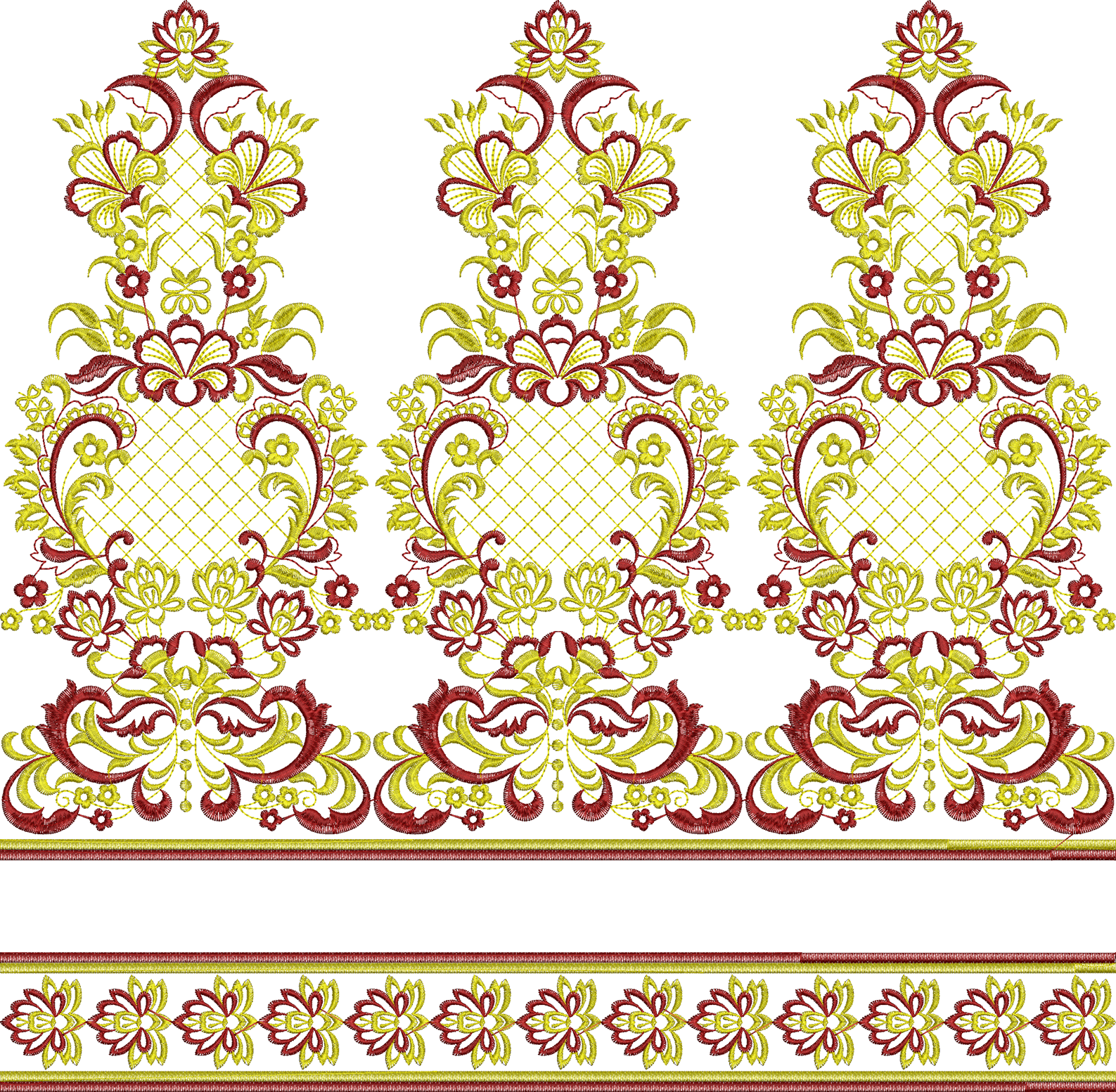 Embroidery design: A repeating horizontal border embroidery design featuring intricate red and yellow floral and scrollwork motifs with a s