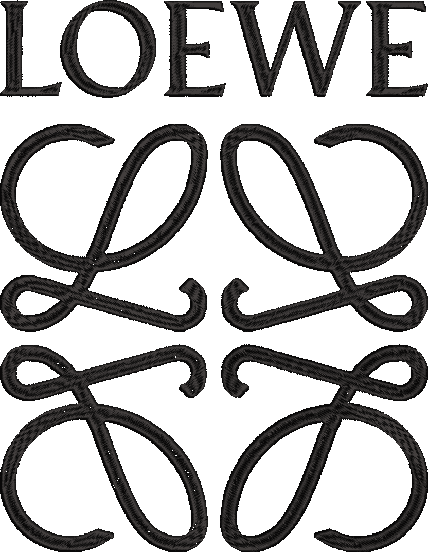 Embroidery design: Black embroidered logo of the brand LOEWE, featuring the text 'LOEWE' and four interlocking 'L' symbols.