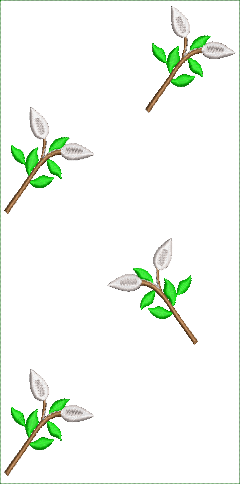 Embroidery design: An embroidery design featuring four corner elements, each with a brown branch, green leaves, and white buds.