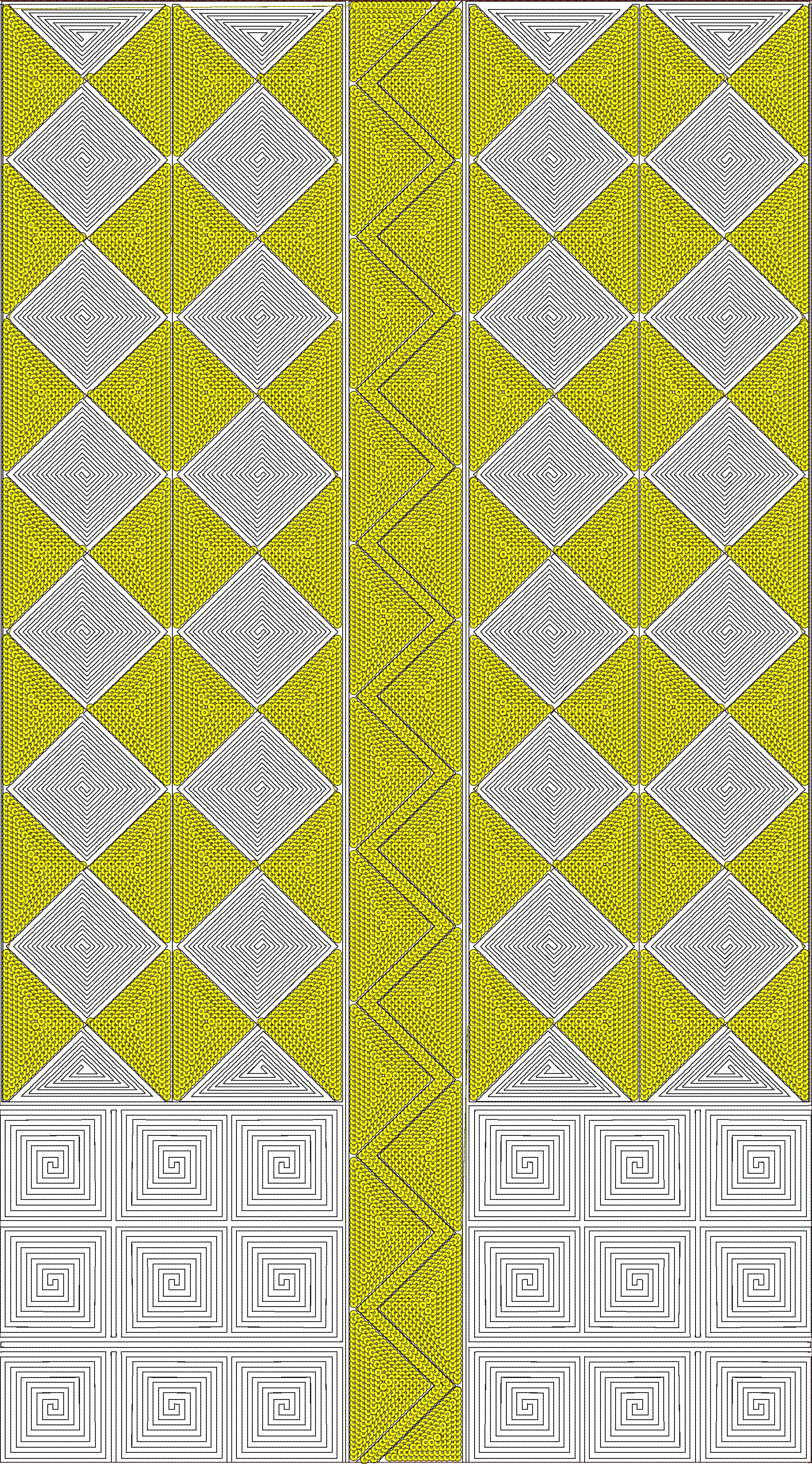 Embroidery design: An abstract geometric embroidery design with a repeating, symmetrical pattern. It features panels of white diamonds with