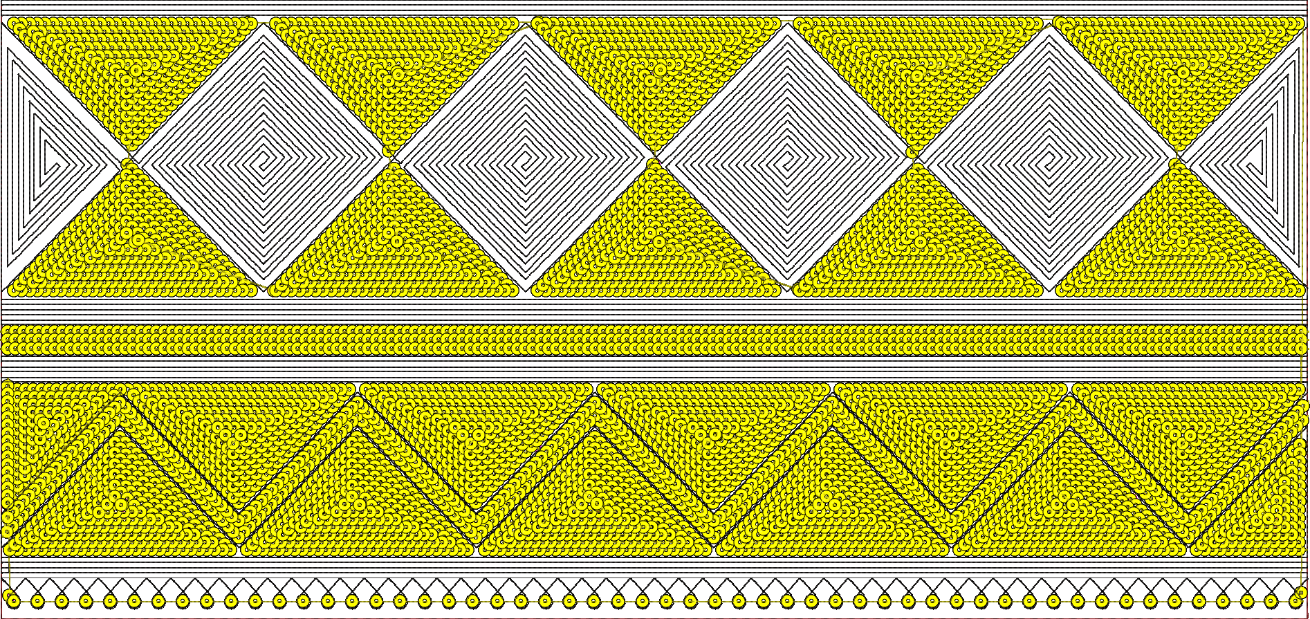 Embroidery design: A horizontal embroidery design featuring yellow and white geometric patterns. The top section displays repeating diamond