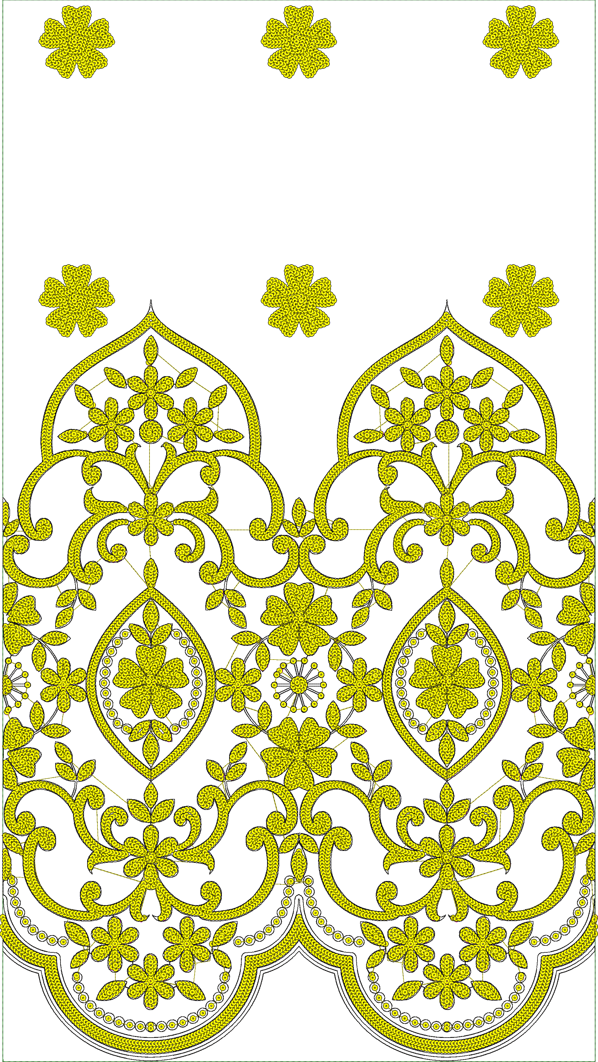 Embroidery design: A decorative embroidery border design featuring yellow floral motifs with arabesque scrollwork, a repeating symmetrical 