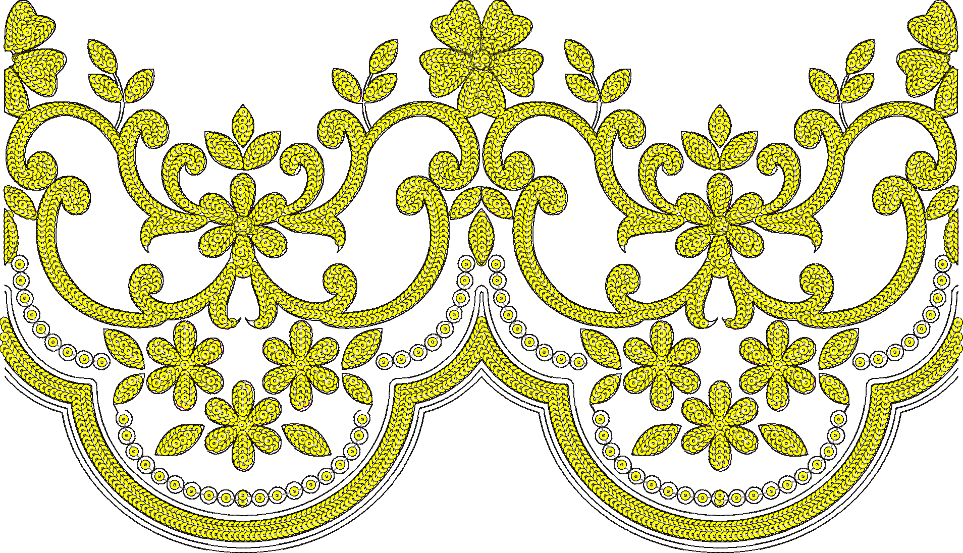 Embroidery design: A yellow and black ornamental border design with symmetrical floral and scrollwork motifs, featuring flowers, leaves, an
