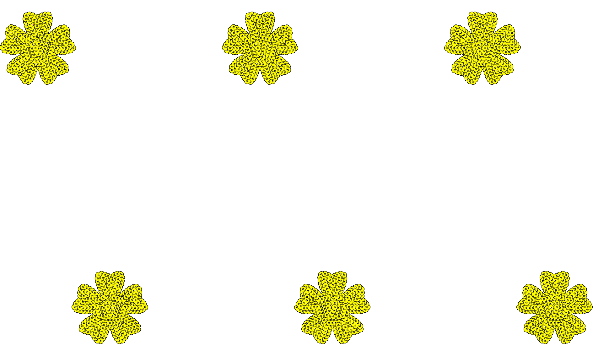 Embroidery design: A pattern of six yellow, four-petal flowers with a dense, textured fill, arranged sporadically on a white background.