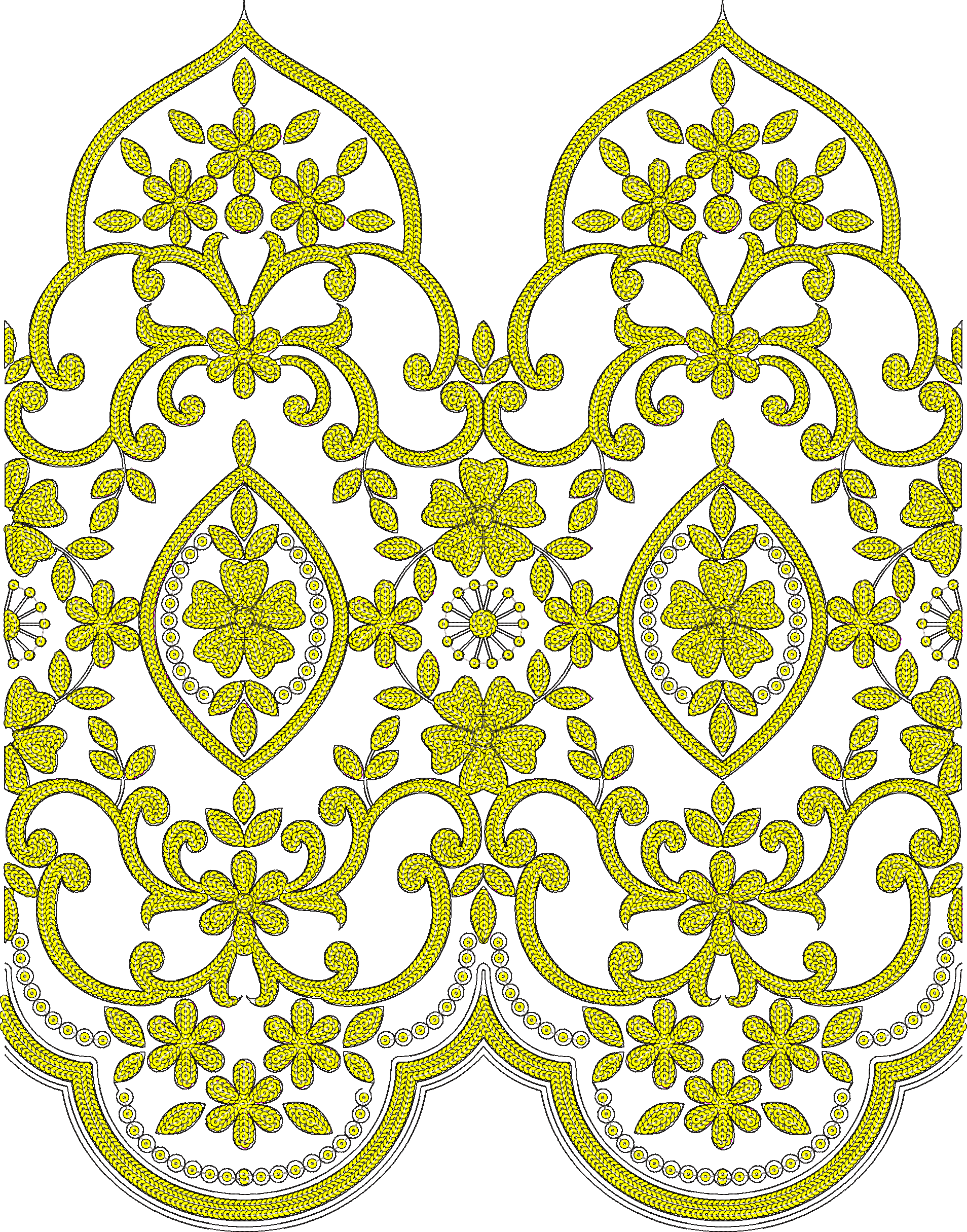 Embroidery design: An ornamental embroidery design with repeating yellow floral and scrollwork motifs, featuring a lace-like texture and sy
