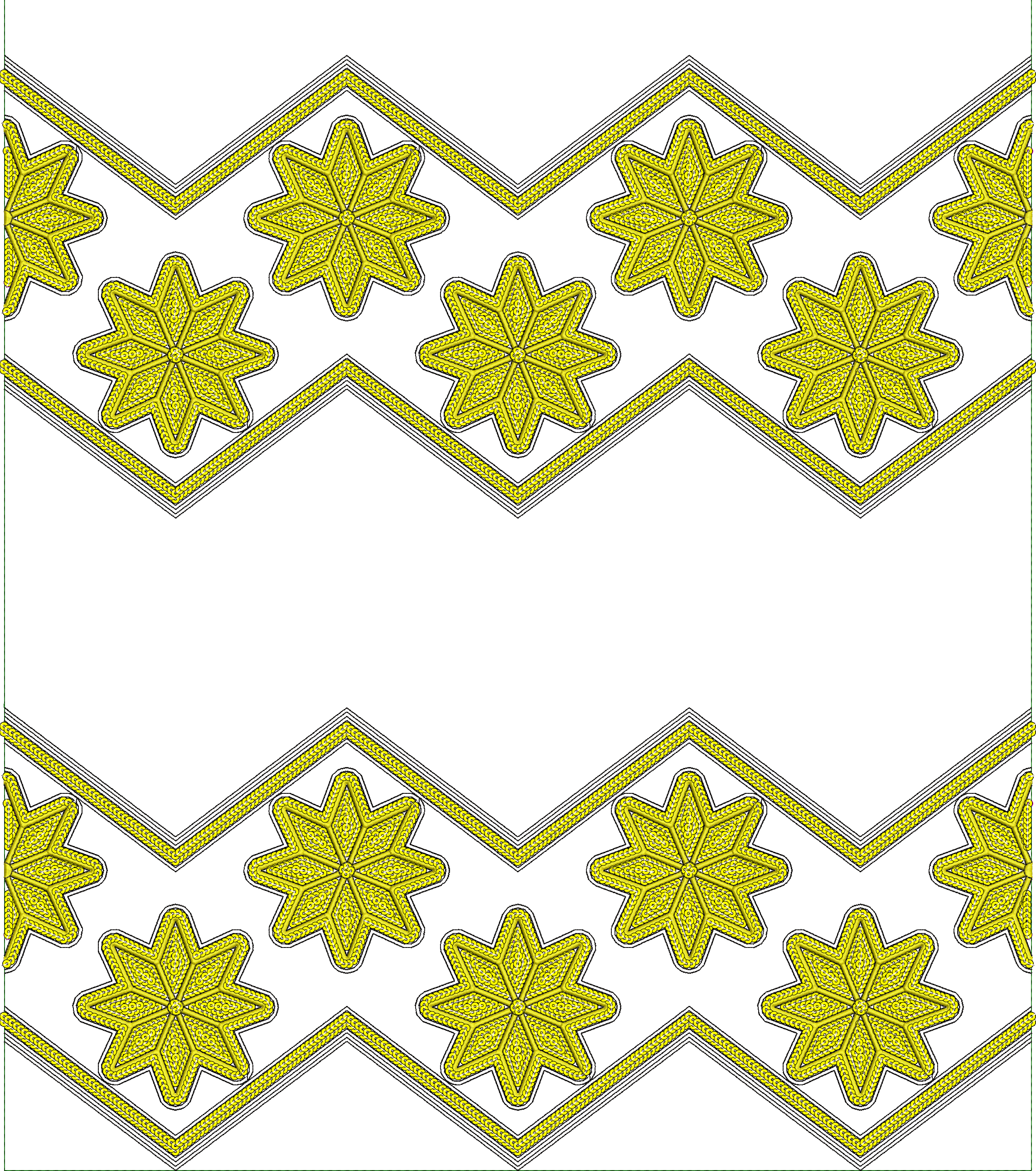 Embroidery design: A decorative border design featuring repeating yellow eight-pointed stars and a chevron pattern, with a dense fill withi